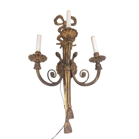 Vintage 27" Brass Spanish Revival 3-Arm Wall Sconce Candle Holders Made In Spain - Picture 1 of 11